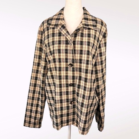 Vintage Plaid Button Down Shirt Jacket Black Cream Flannel Medium - Picture 1 of 10